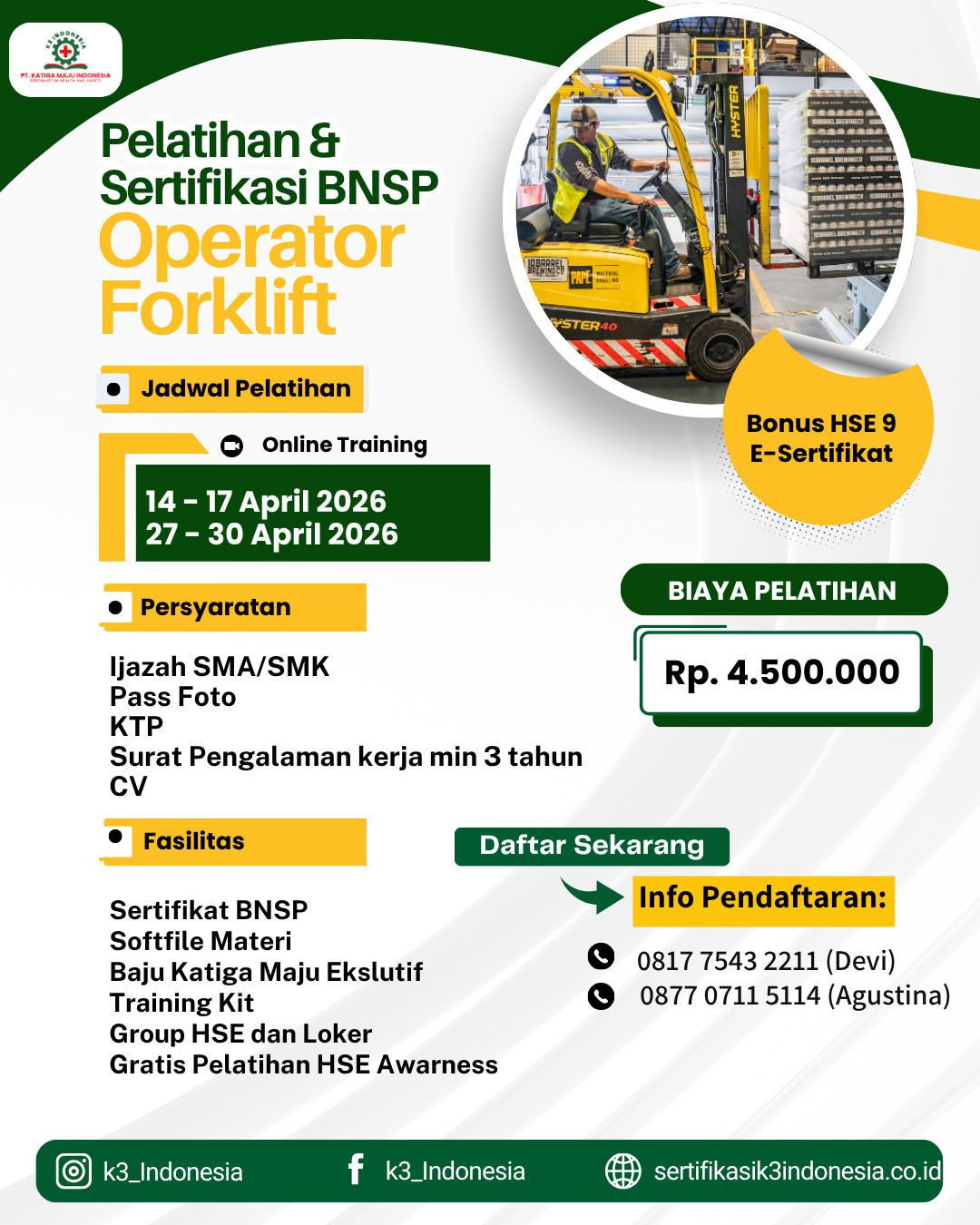 pelatihan operator forklift bnsp